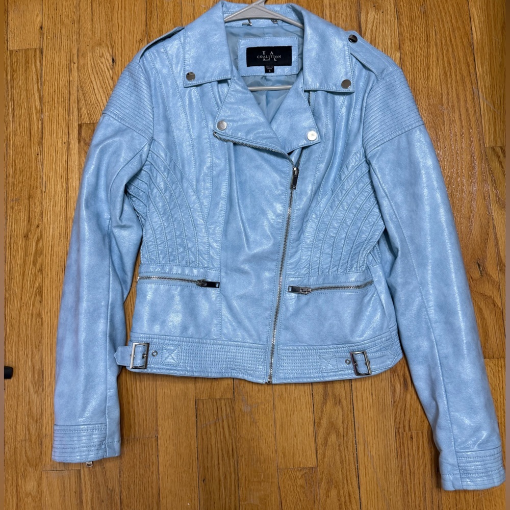 LA Coalition Faux Leather Baby Blue Moto Jacket #0015